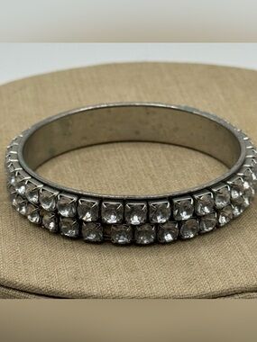 Large Crystal-Embellished Silver Tone Bangle Bracelet